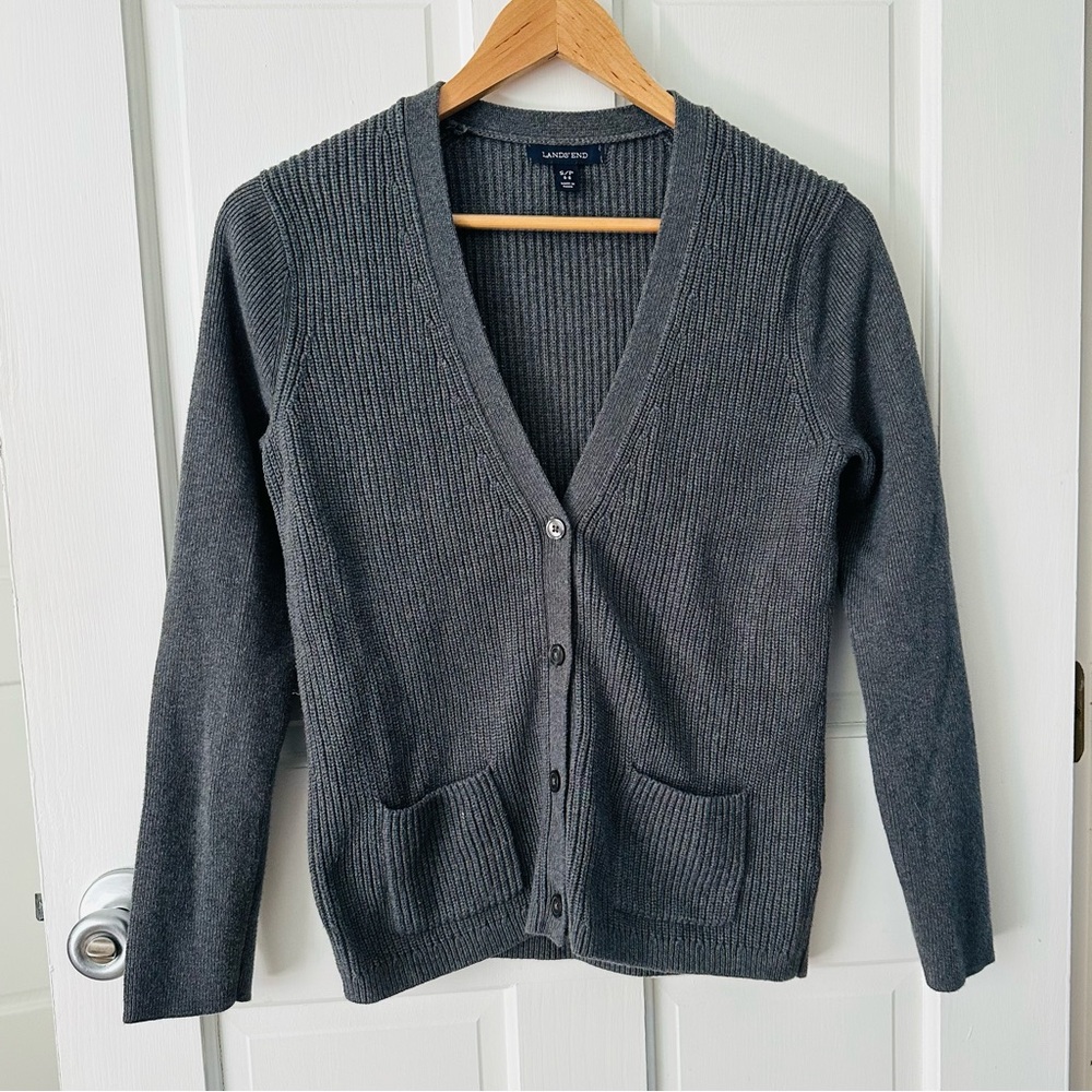Lands’ End Ribbed Knit Gray Cardigan Sweater 100% Cotton V-Neck Size S
